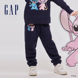 Gap 女童裝 Gap x 史迪奇聯名 Logo印花刷毛束口鬆緊棉褲-海軍藍(847112)