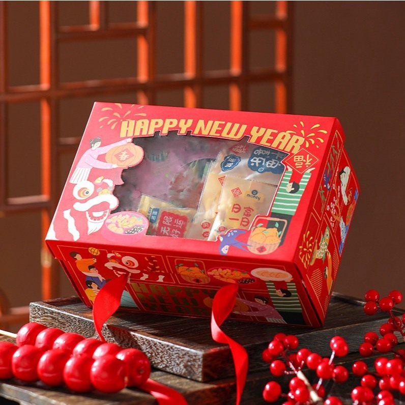 ◎2入◎龍年新年開窗紅色手提包裝盒/新年禮盒/糖果包裝紙盒/雪Q餅牛軋糖包裝禮物盒/堅果餅乾罐手提紙盒