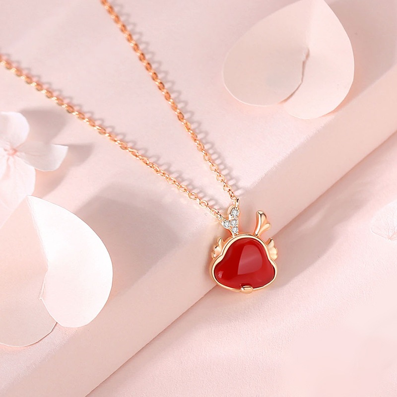 幸運龍S925純銀項鏈 生肖龍紅瑪瑙吊墜，本命年鎖骨鏈首飾