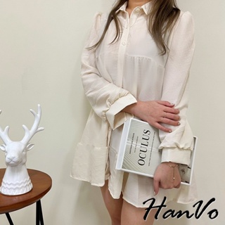 【HanVo】縐褶感泡泡袖娃娃連衣裙 氣質翻領寬鬆質感風格 韓系女裝 女生衣著 3686