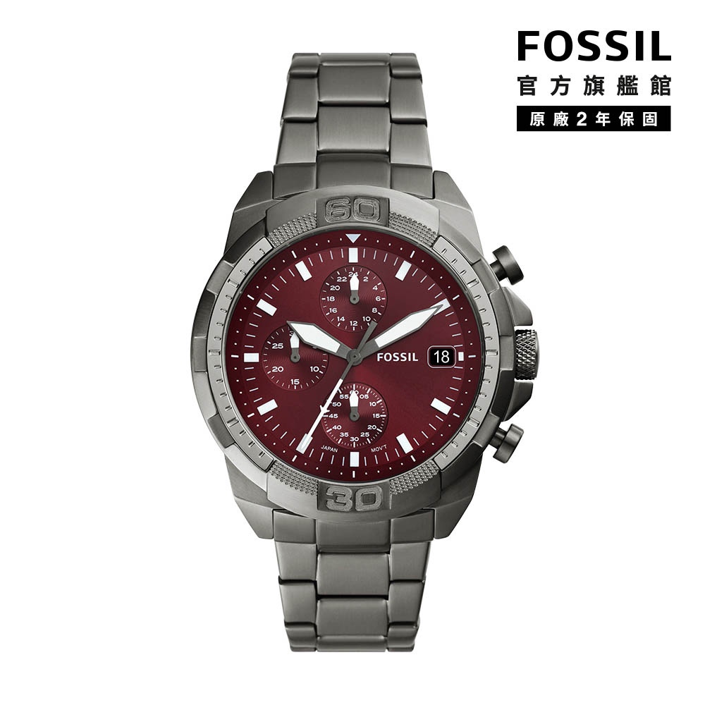 【FOSSIL 官方旗艦館】Bronson 英氣紳士三眼手錶 菸灰色不鏽鋼錶帶 44 MM FS6017