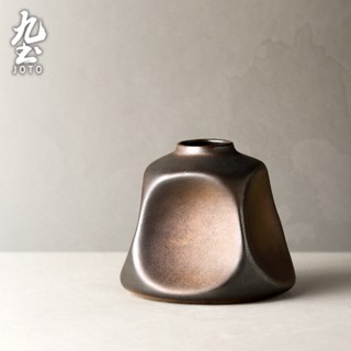 九土日式手工復古鎏金花器花瓶擺件手工陶瓷簡約禪意插花器室內客廳家居裝飾品乾燥花花瓶原創花器北歐花器造型花器DER0101