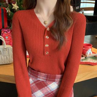 衣時尚上衣 針織衫 毛線衣 保暖 新款紅色毛衣打底衫內搭高級感上衣針織衫TBF15-8558.