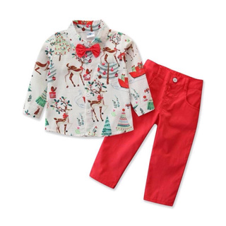 耶誕節男童紳士套裝 （二手僅穿過一次 ）中大童長袖上衣耶誕樹麋鹿印花襯衫加紅色長褲兩件套裝