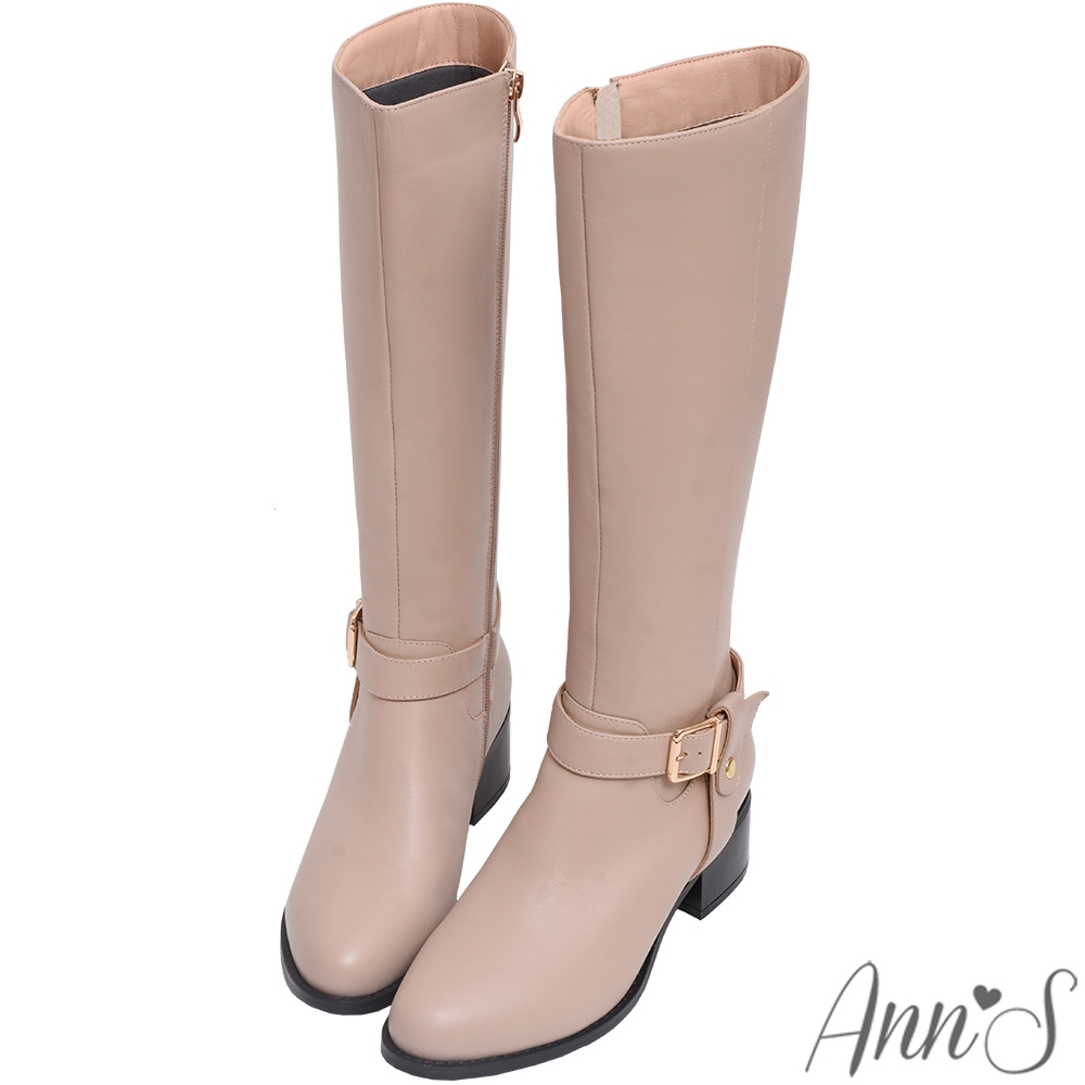 Ann’S愛塞爾-真皮小羊皮T型釦帶低跟及膝長靴5cm-粉米