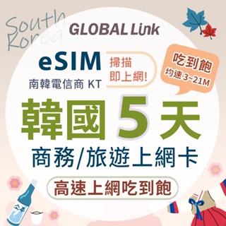 GLOBAL LINK 全球通 eSIM 韓國5天上網卡 吃到飽不降速 4G網速