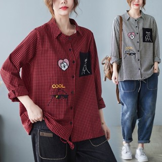 貓咪貼布格紋襯衫上衣 獨具衣格 J7136 中大尺碼女裝