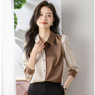 雅麗安娜 雪紡衫 襯衫 上衣 S-XL撞色拼接上衣春季韓版時尚休閒翻領翻領襯衫T315-8529.