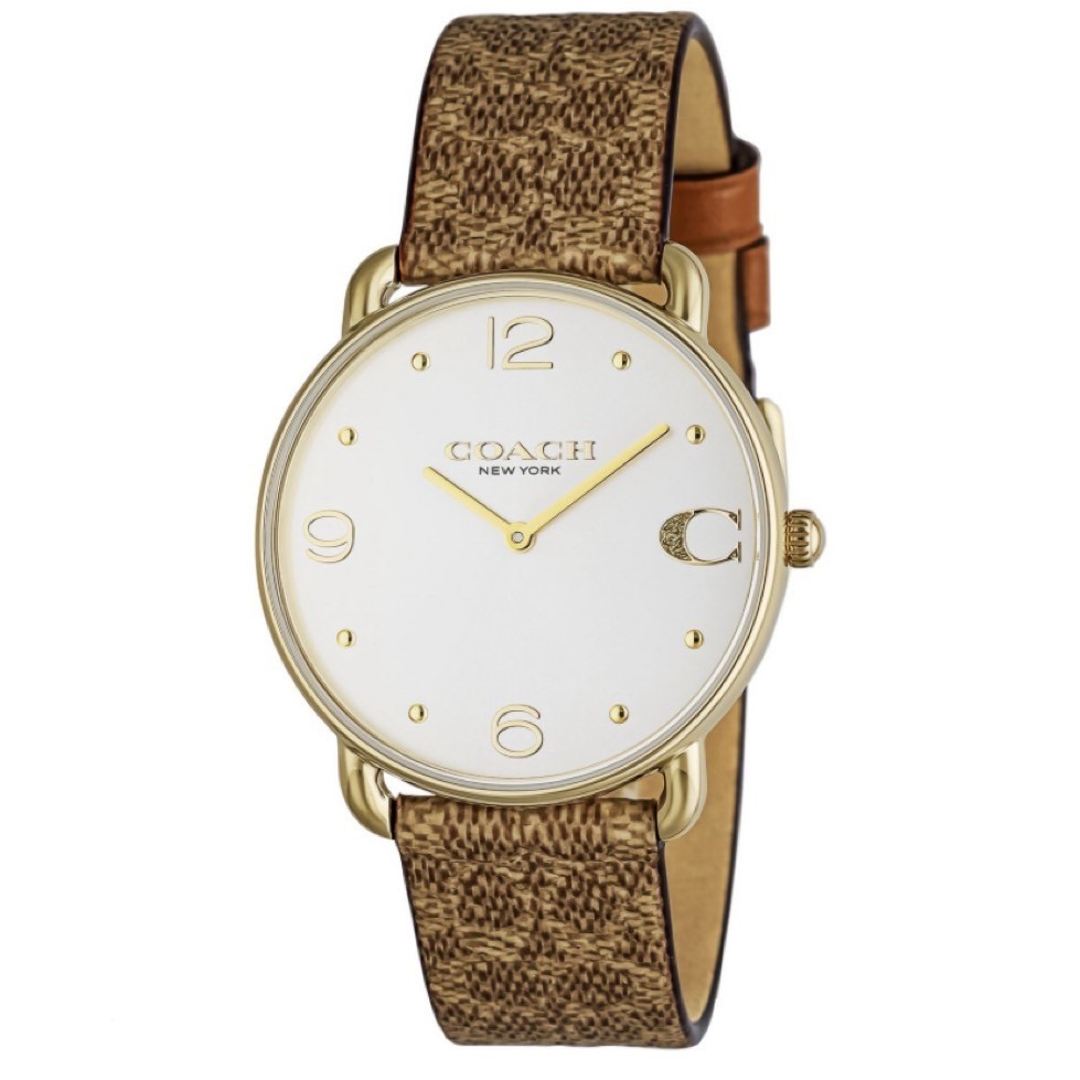 【COACH】經典C字LOGO棕色花紋皮革錶帶CO14504205 36mm 現代鐘錶
