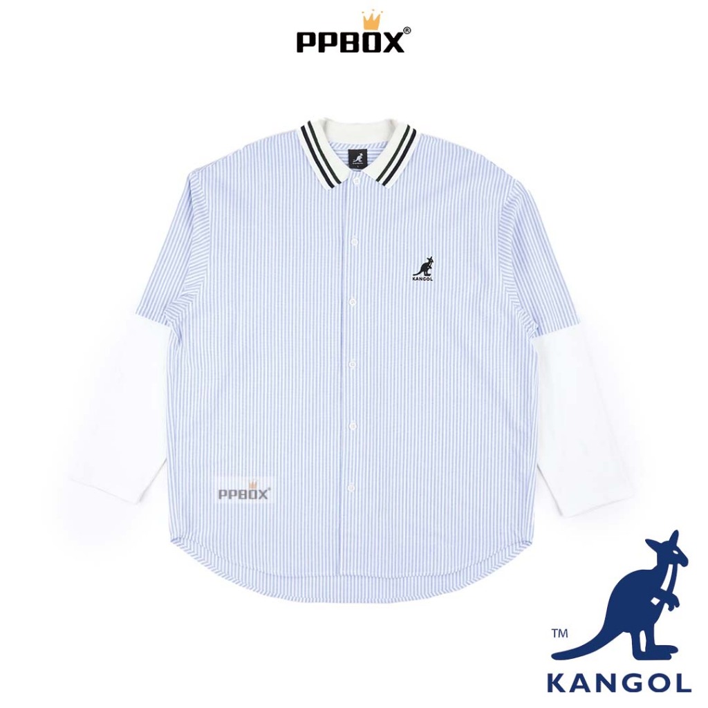 KANGOL 藍白條紋 襯衫【64251472】時尚 長袖 學院風 拼接袖 POLO 正裝