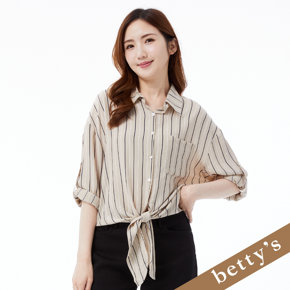 betty’s貝蒂思(25)OL條紋綁帶造型長袖襯衫(卡其色)