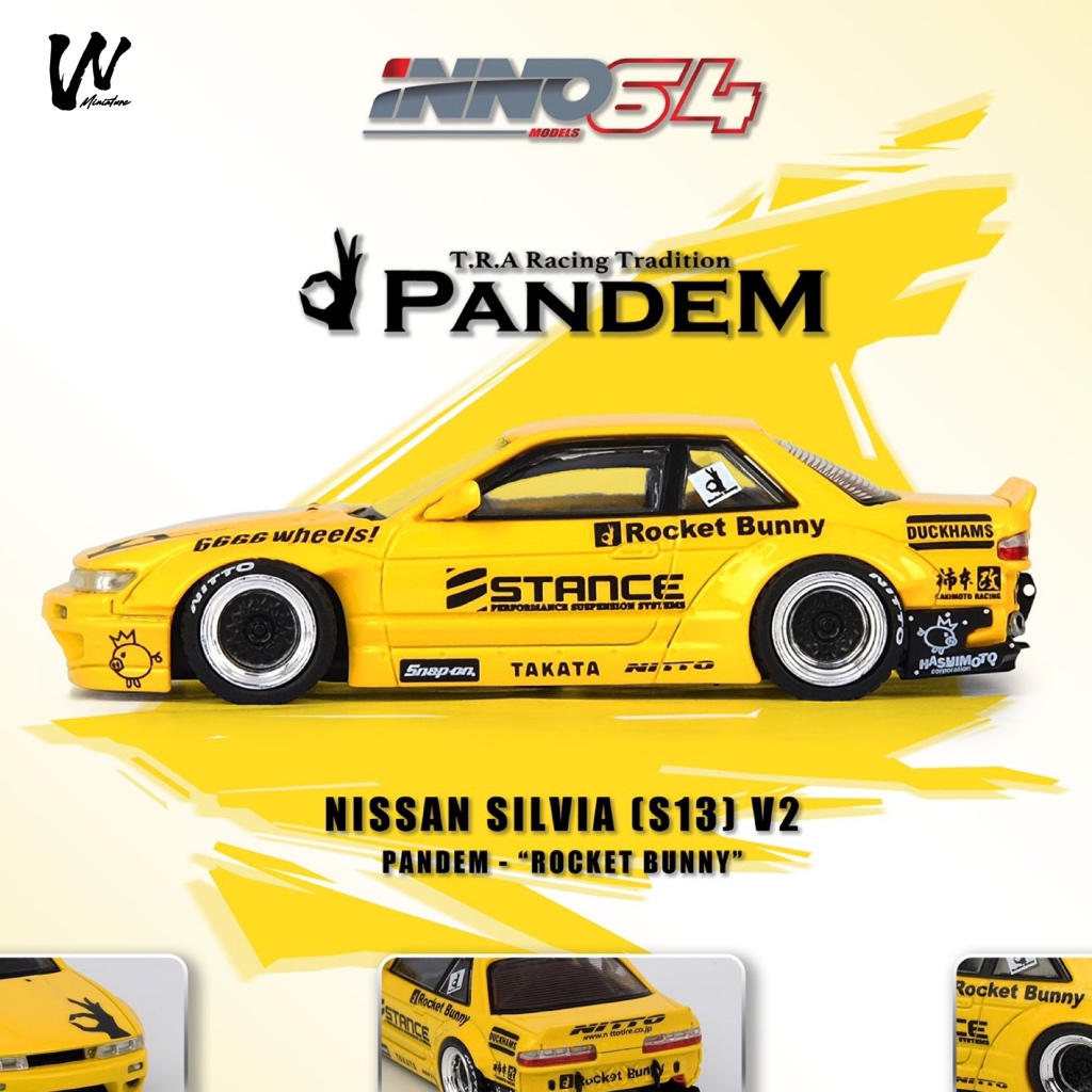 [有翼雲] 火箭兔寬體 日產 Silvia S13 V2 PANDEM 黃色 INNO 合金 模型車 1/64 JDM