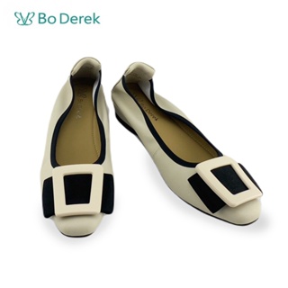 Bo Derek 拼色方扣軟皮平底鞋-米白色