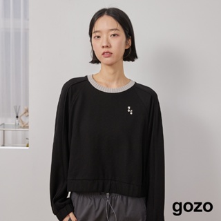 【gozo】gozo鳳梨紋剪接袖鬆緊造型上衣(黑色/米黃_F) | 女裝 圓領 休閒