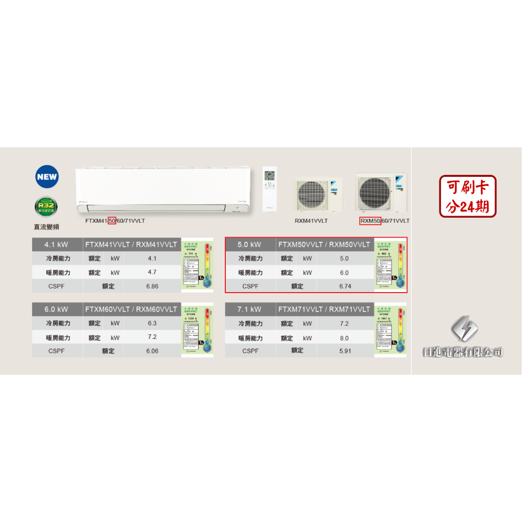 日進電器 可刷卡 分24期 DAIKIN 大金 橫綱V系列 7~9坪 RXM/FTXM50VVLT 變頻冷暖 分離式冷氣