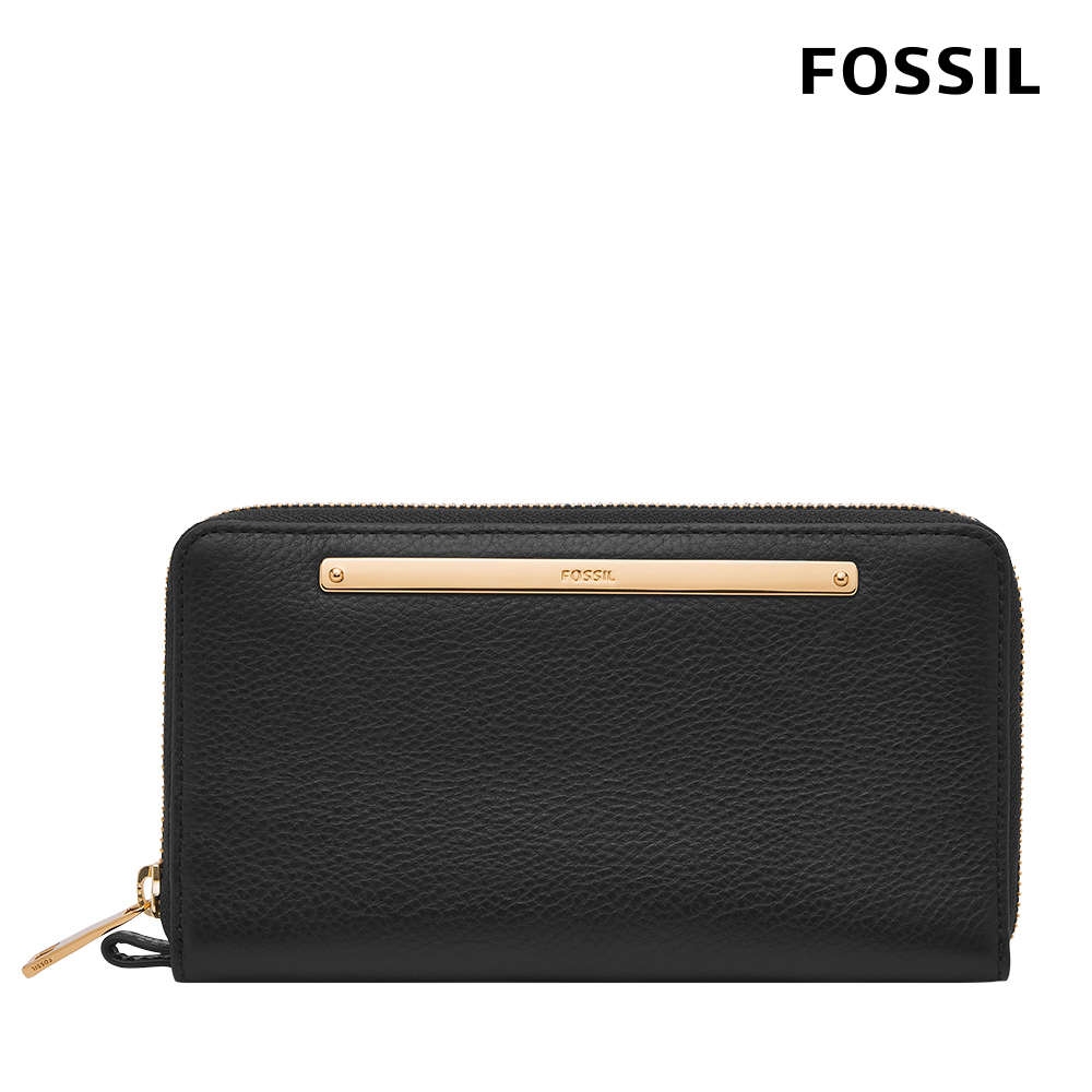 【FOSSIL 官方旗艦館】Liza 真皮拉鍊式長夾-黑色X金飾片 SL7878G001