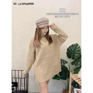 【S.T SHOP現貨秒出】835質感高領苞芯紗開岔寬鬆洋裝 寬鬆高領 高領坑條 長版高領 長版上衣 高領上衣 開衩上衣