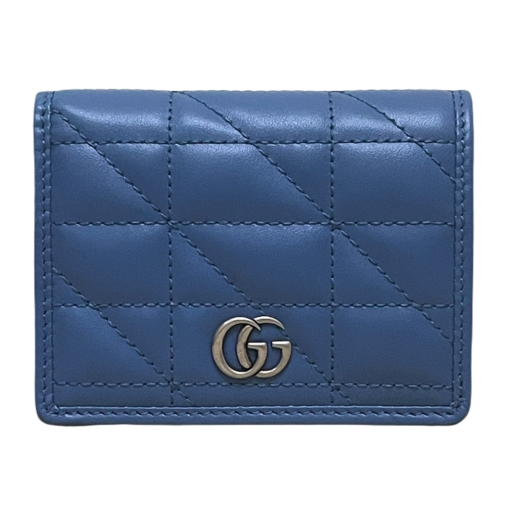 【鋇拉國際】GUCCI 雙G GG Marmont系列 小牛皮按扣卡夾/零錢包 藍色 義大利正品代購 台北實體工作室
