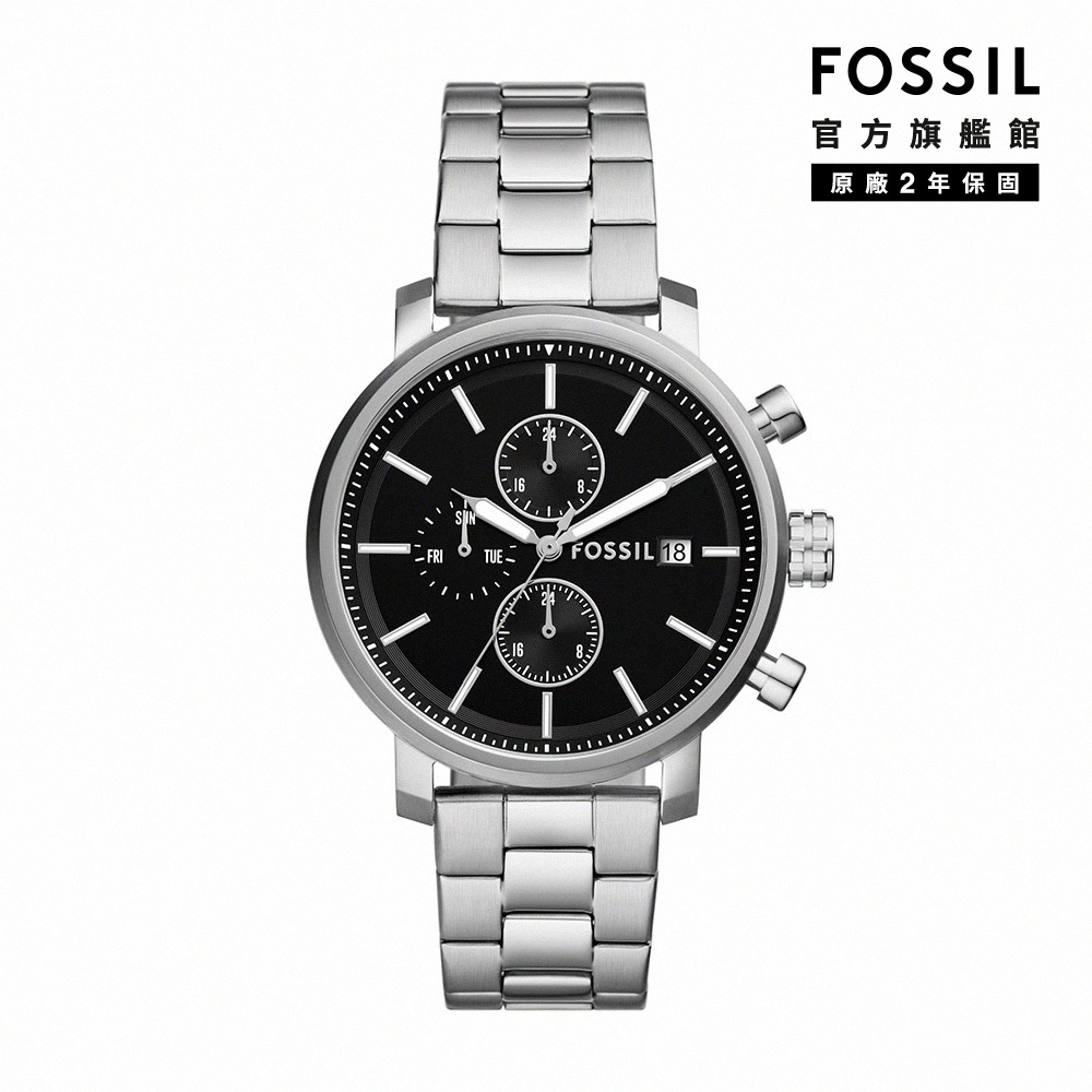 【FOSSIL 官方旗艦館】Rhett 繁黑點綴三眼手錶 銀色不鏽鋼錶帶 42MM BQ2851