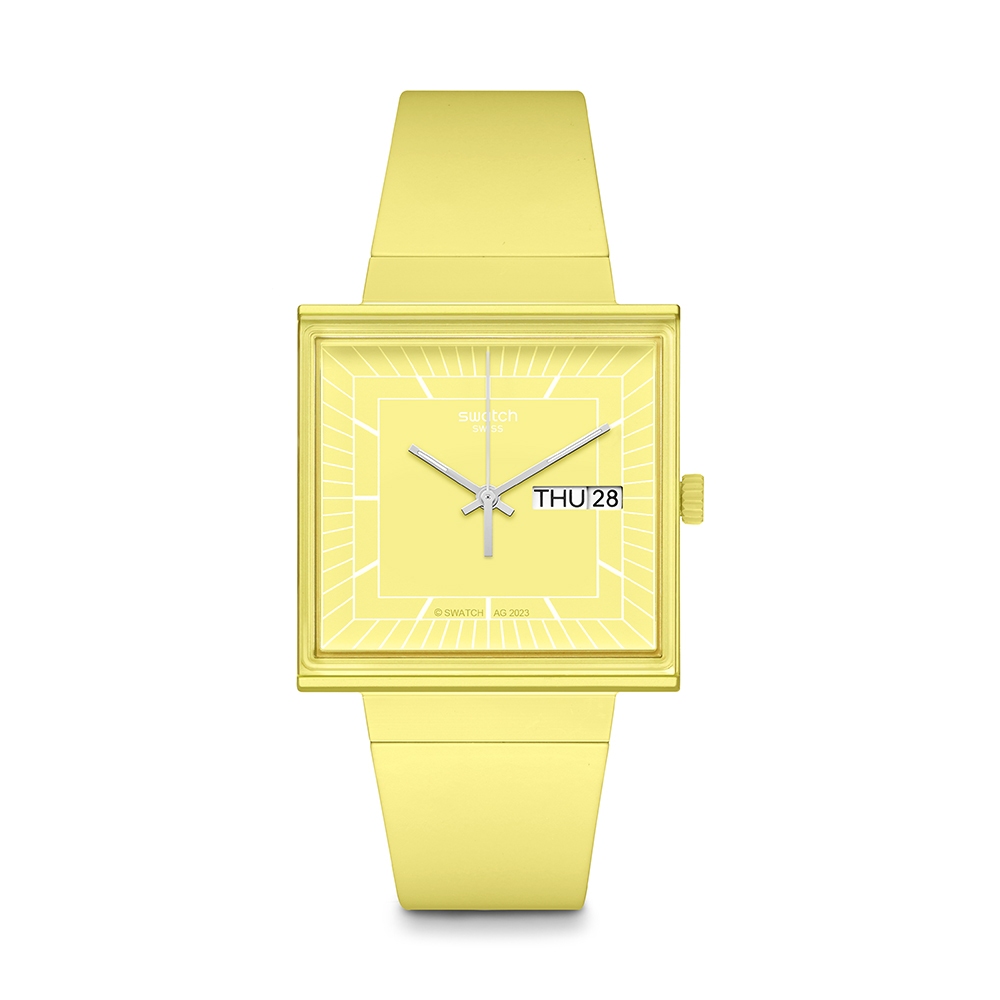 【SWATCH】原創系列手錶 WHAT IF…LEMON? 生物陶瓷 方形錶 萊姆黃 (33mm) SO34J700