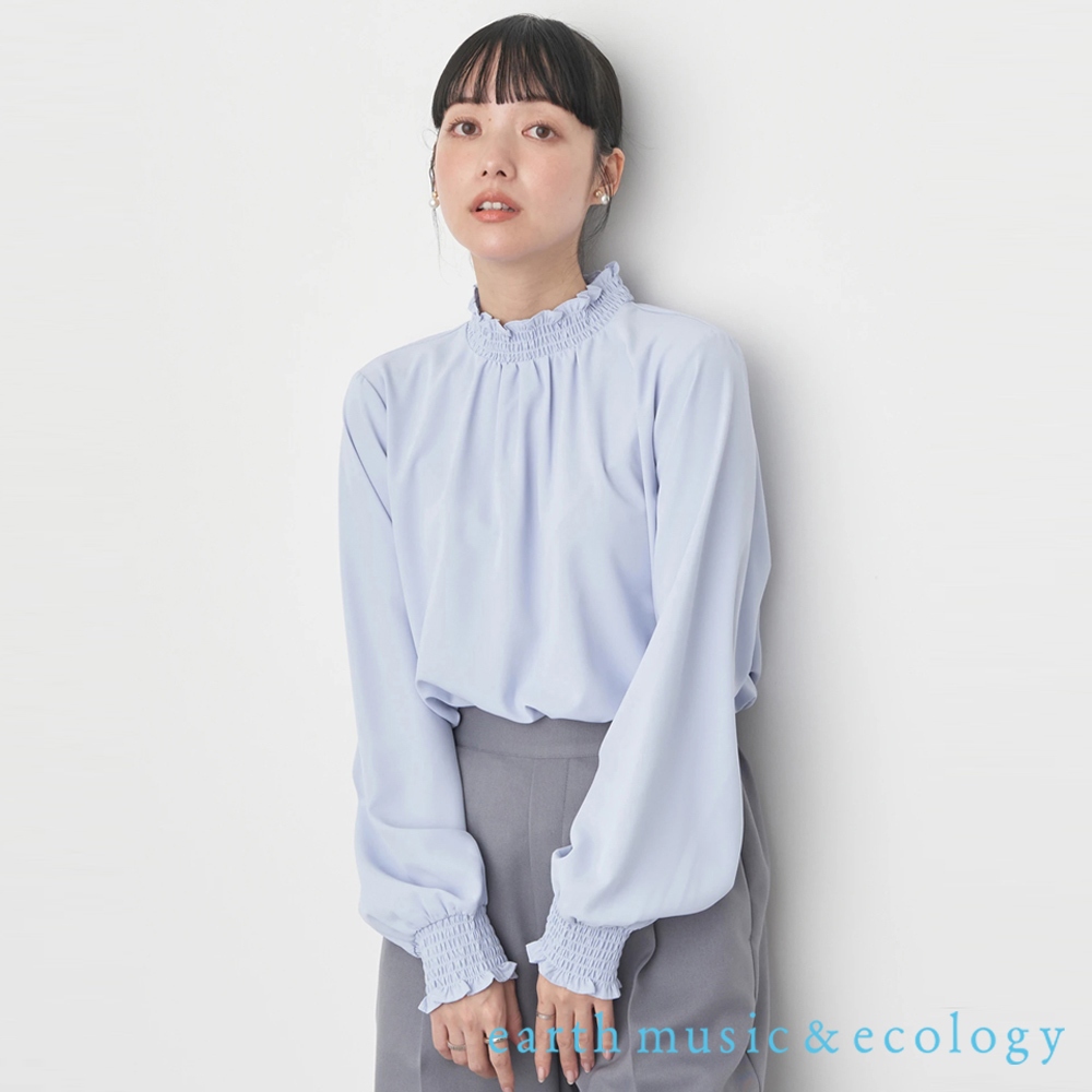 earth music&ecology 素面/圓點微高領摺邊襯衫上衣(1H41L0A0200)