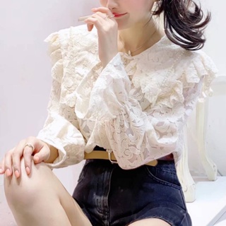 扉娜vina 韓國 蕾絲花形珍珠領蕾絲衫 造型襯衣