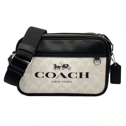 【COACH】C LOGO中性男款雙層斜背郵差包(黑/白)