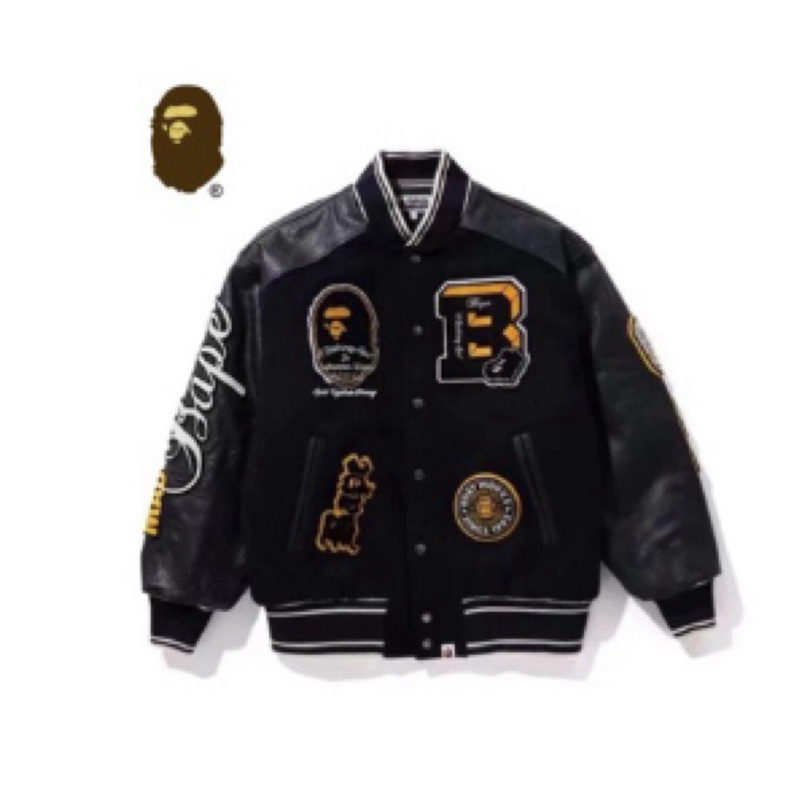 APE BAPE Varsity Jacket迷彩猿人夹克外套男23AW壓紋 牛皮 貼布 猿人羊毛棒球外套