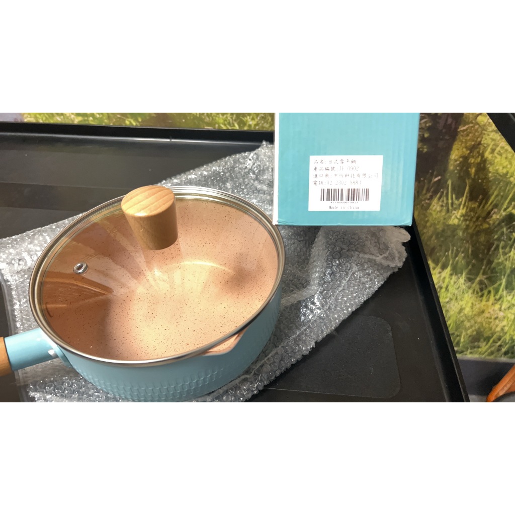 全新 日式雪平鍋 單把鍋 木柄 木頭 玻璃鍋蓋 泡麵鍋 煮湯鍋 牛奶鍋 時尚彩顏 不沾鍋 20cm JY-0902 藍色