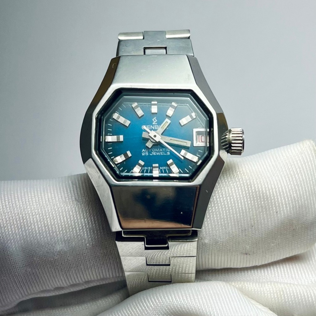 全新 GENBUX 金白士 瑞士 SWISS 八角 自動錶 早期老錶 古董錶 仕女錶 手錶 銀色 深藍 復古 簡約 Vi