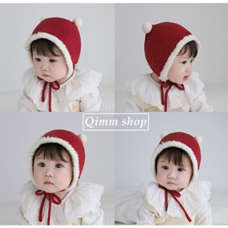 【Qimm shop】快速出貨✰小童護耳帽 2~20個月 男女寶寶絨邊針織帽 可愛小紅帽球球包頭帽 寶寶毛線帽綁帶帽