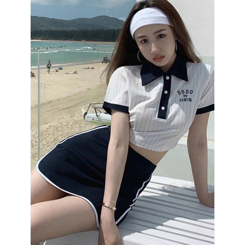 韓版 甜美可愛韓國運動服POLO衫短袖T恤 網球服學生服短版上衣 短版顯瘦T 多巴胺穿搭 y2k上衣