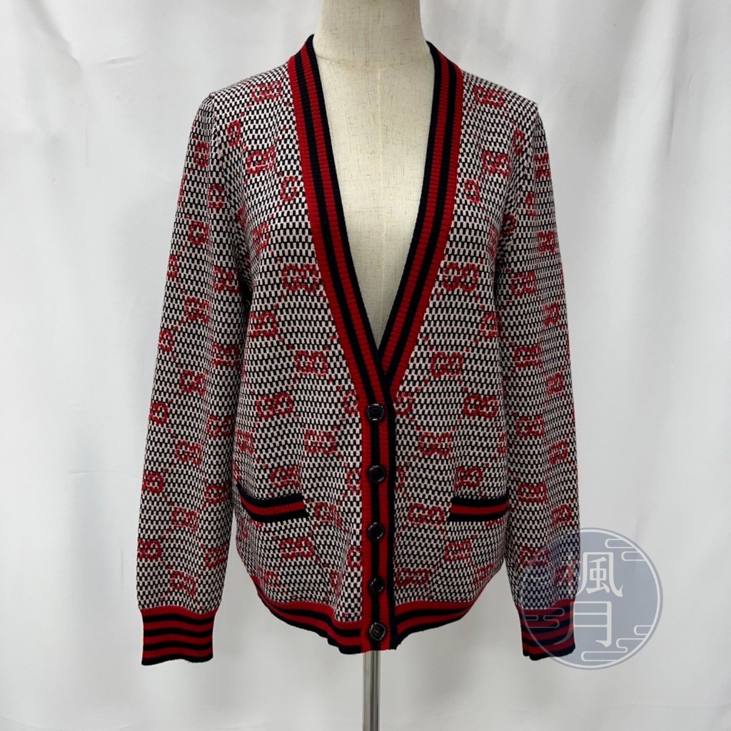 BRAND楓月 GUCCI 644779 紅黑針織GG羊毛罩衫 #M 古馳 精品服飾 針織外套