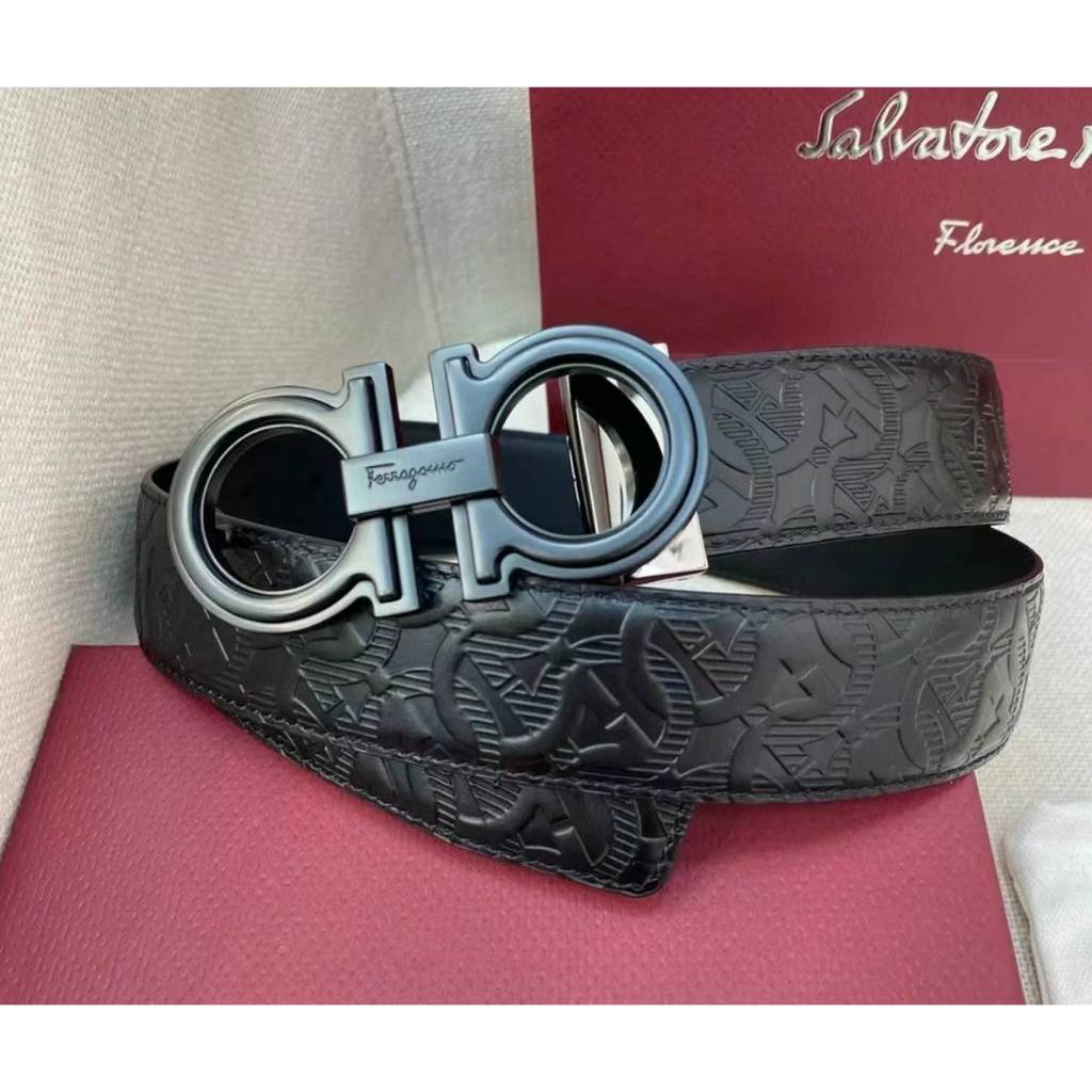 ♚KK SHOP♚ 預購 Ferragamo 黑扣 壓紋 雙面皮帶 3.5cm寬