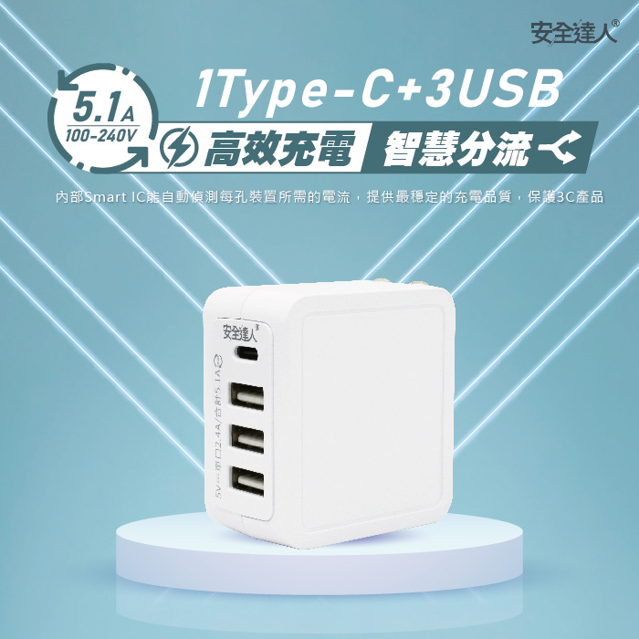 【生活小舖現貨UB-50】旅行充電神器 1TYPE-C 3USB USB充電器 USB電源 豆腐頭 插在 旅行充電器