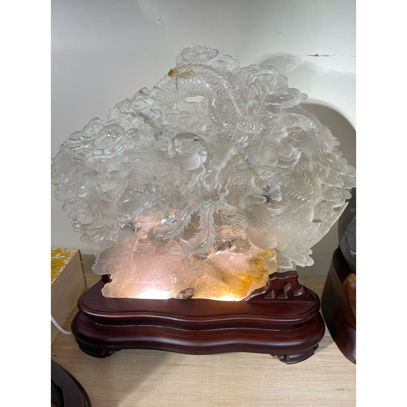 🎀JOSEPH藝品🎀髮晶龍鳳呈祥 6.1kg 白水晶雕件 擺件 髮晶 激光料 雕刻件 精工 晶雕