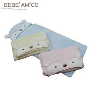 bebe Amico 浣熊連帽開纖速乾浴毯-(粉色/藍色/黃色)【麗緻寶貝】