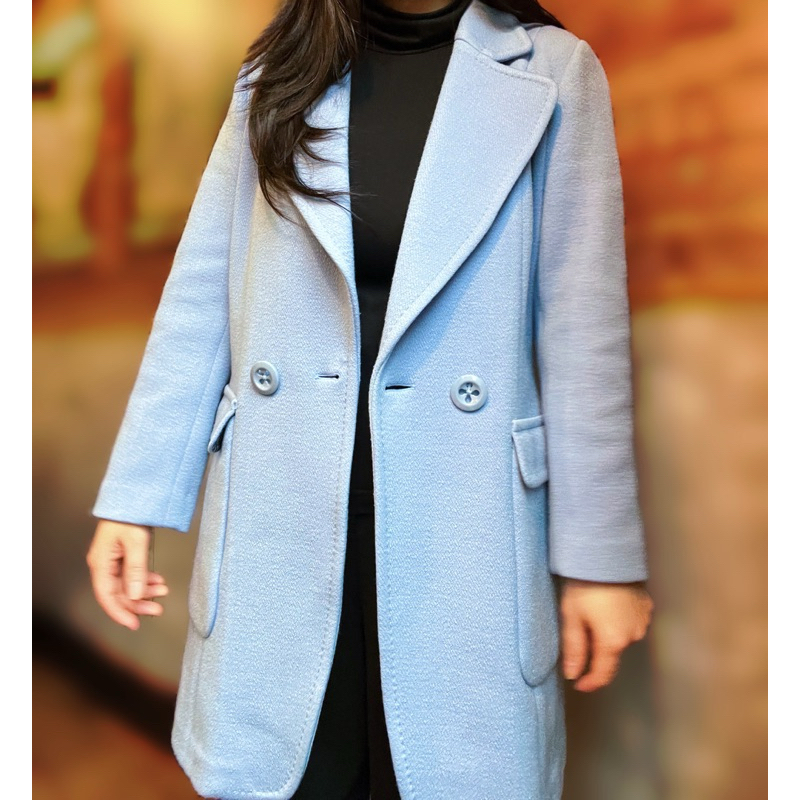 專櫃品牌mia mia 米亞 專櫃女裝 秋冬系列 中長版 休閒西裝外套 鈕扣翻領長袖外套 36號 藍色