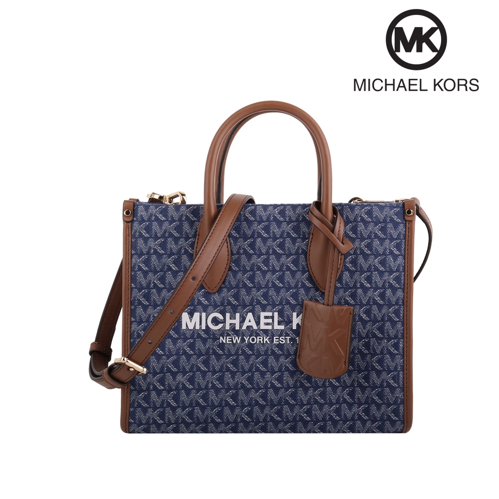 【二手極新品】MICHAEL KORS 白標字滿版MK丹寧布兩用包(單寧藍/小)