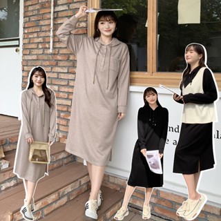CCGIRL中大尺碼 慵懶軟糯感針織真釦式V領連帽洋裝(真口袋)-共2色-適L～5L《31919》大尺碼女裝中大尺碼洋裝