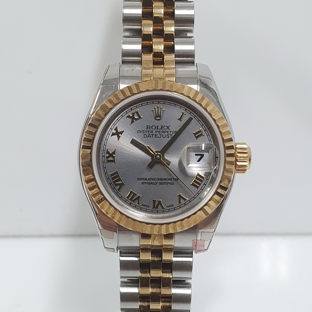 ROLEX勞力士 179173 蠔式女錶 氣質出眾 金羅馬灰色面盤 原廠膠膜 底蓋貼紙 錶徑26 大眾當舖 編號A907