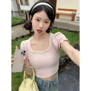 法式方領蕾絲邊短袖T恤女 芭蕾風上衣 溫柔風上衣 甜辣上衣 泡泡袖短袖上衣 小個子蝴蝶結奶係穿搭 顯瘦修身減齡