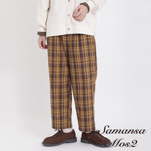 Samansa Mos2 經典格紋配色/素面後鬆緊腰設計長褲(FL34L0F1080)