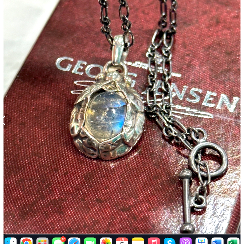 [貓肥人富]  GEORG JENSEN 喬治傑生1997年 首刻板  T扣鍊 拉長石 版 項鍊 附原盒