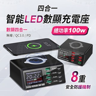 充電器 充電座 100W 8孔 智慧數位顯示 大功率 支援 手機充電器 無線充電 QC3.0 PD快充