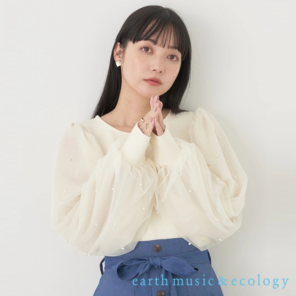 earth music&ecology 珍珠裝飾薄紗袖拼接上衣(1M41L1C0200)
