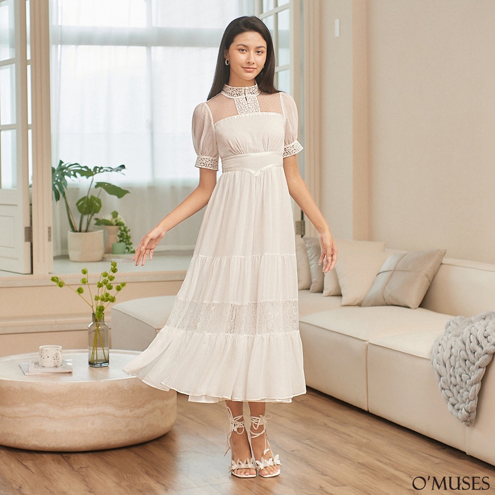 【OMUSES】刺繡蕾絲雪紡白色長洋裝60-7217