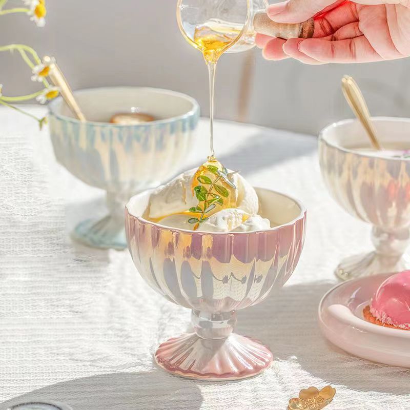 Aiseo嚴選羅東營業部 tw免運 ins高顔值沙拉碗杯子 家用漸變冰淇淋精緻水果腕 陶瓷高脚甜品杯