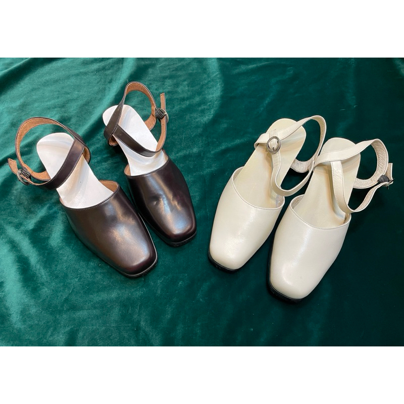 三輝皮鞋台灣製高級牛皮小方頭穆勒包頭中低跟涼鞋高跟鞋，棕色/白色，零碼特價現貨MIT