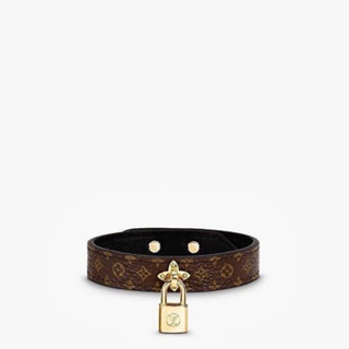 法國精品名牌 LV LOUIS VUITTON經Monogram印花帆布皮革小牛皮金色黃銅鎖頭 尖花金屬LV手鐲手環